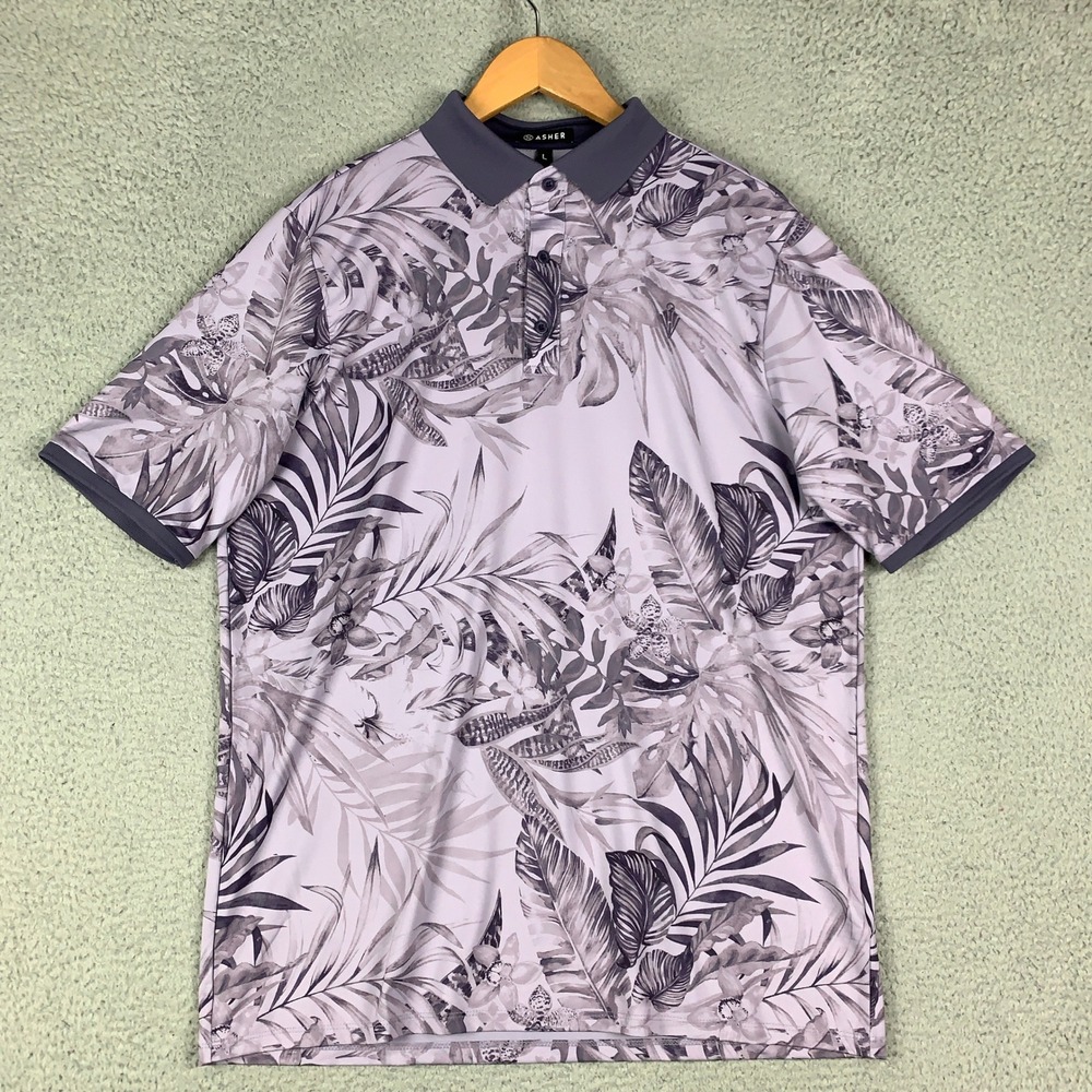 Asher Palm Breeze Polo Golf Shirt Mens Large Purple Tropical Floral Short Sleeve